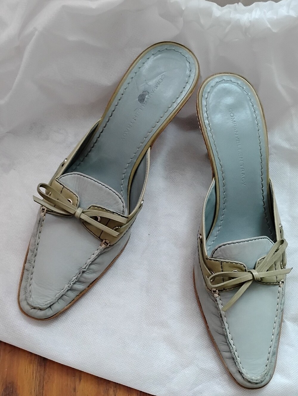 Company Ellen Tracy kitten heel mules Baby Blue and Olive Green. Size 8 B